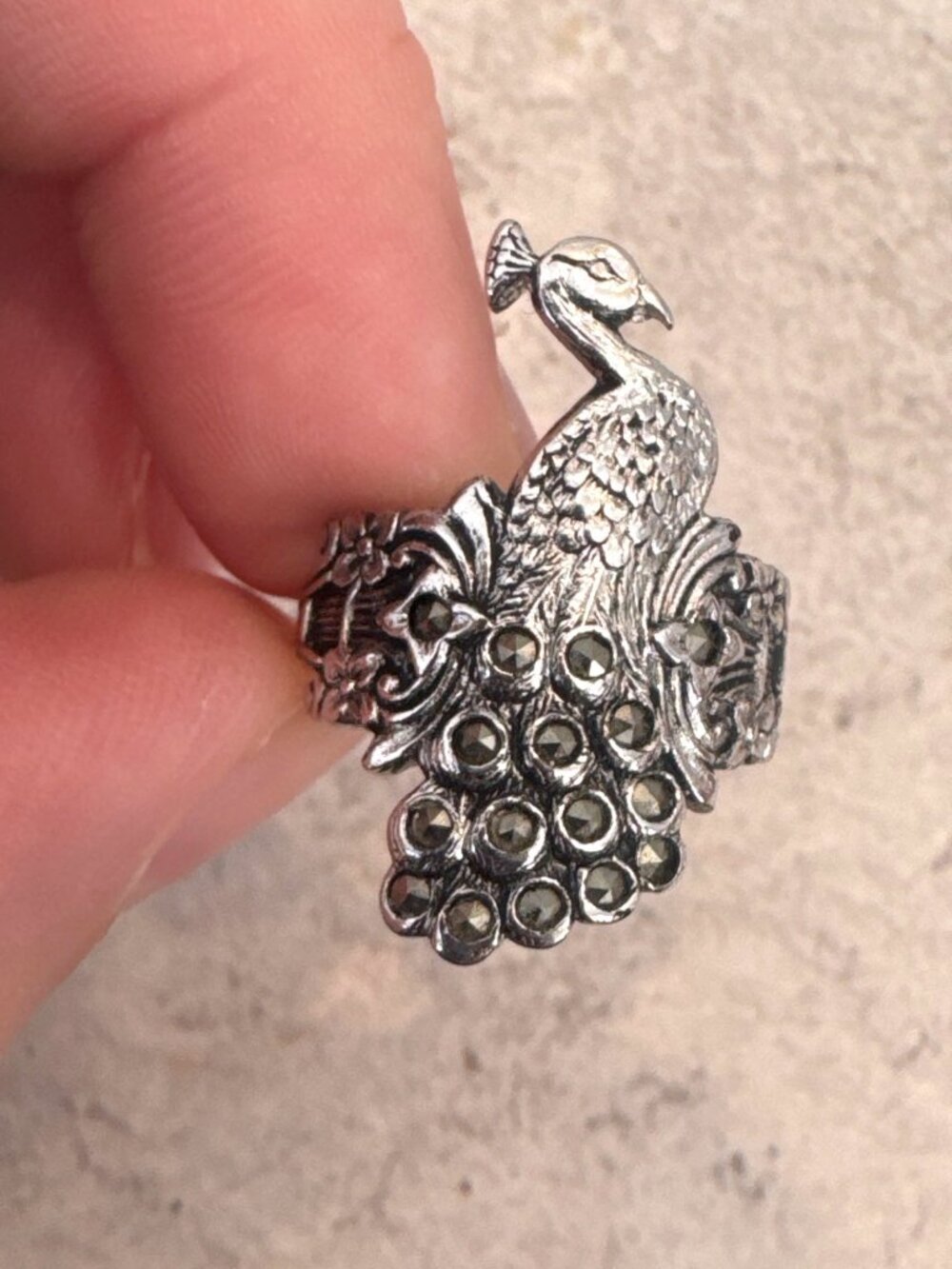 Vintage Art Deco Marcasite Peacock Ring 18K Electroplated Size 6.5